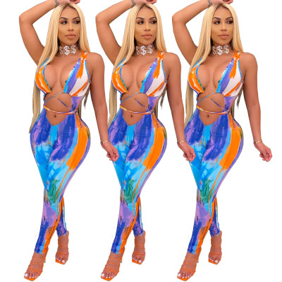 Fashion tie-dye wrap chest sexy jumpsuit women's clothing H1642