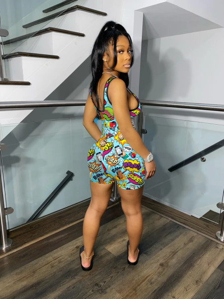 Digital printed skinny short casual sports jumpsuit MN1089