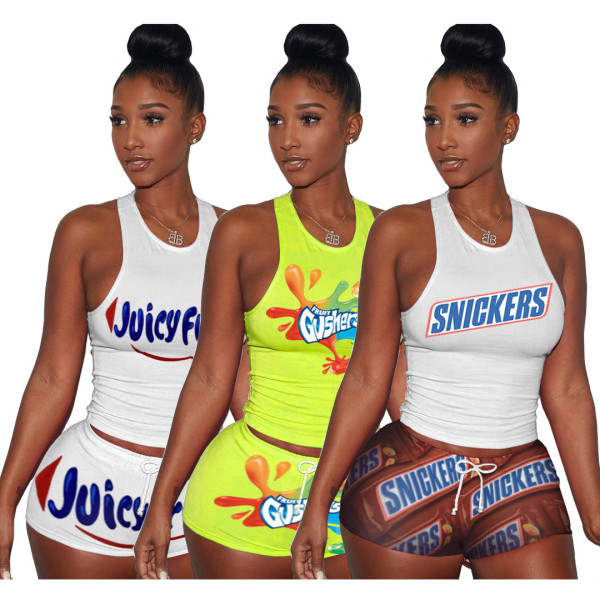 Street style printed tank top shorts sports suit two pieces H1646