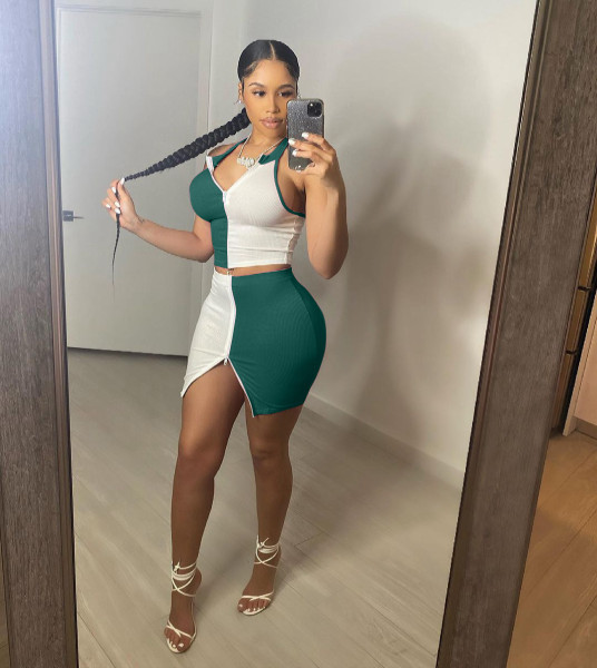 Fashion stitching zipper sexy two-piece skirt suit S6282