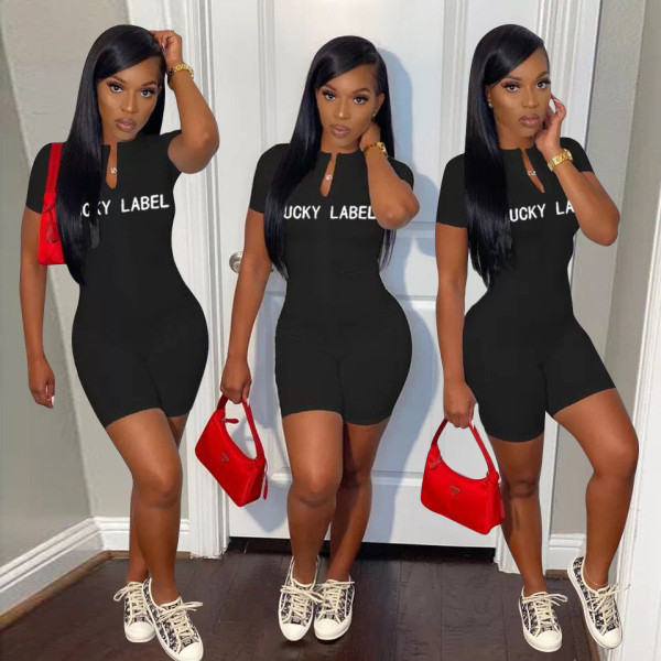 Skinny high-neck embroidered letters zipper short-sleeved jumpsuit LSN7103