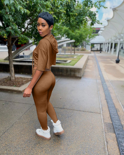 Casual solid color personalized blouse hooded trousers tight-fitting sexy two-piece suit MN88802