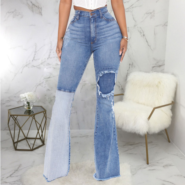 Sexy fashion all-match splicing ripped elastic slim-fit flared pants HSF2408