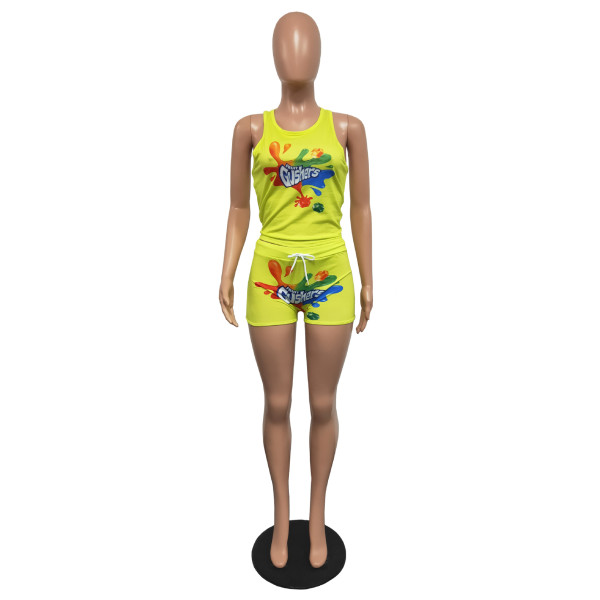 Street style printed tank top shorts sports suit two pieces H1646
