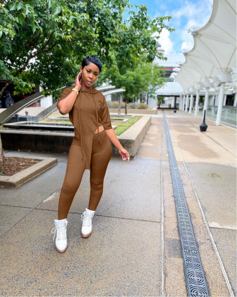 Casual solid color personalized blouse hooded trousers tight-fitting sexy two-piece suit MN88802