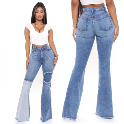 Sexy fashion all-match splicing ripped elastic slim-fit flared pants HSF2408