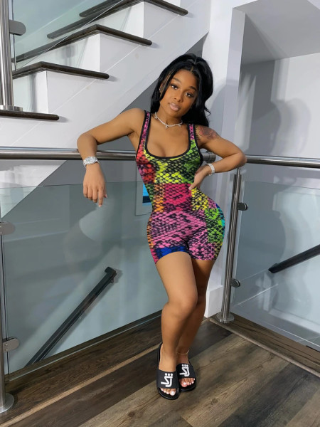 Digital printed skinny short casual sports jumpsuit MN1089