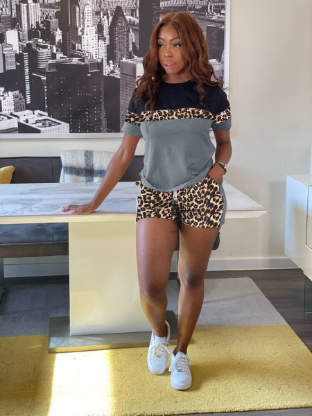 Fashion leopard stitching casual two-piece suit S6289