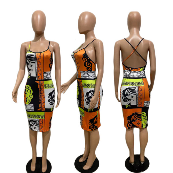 Sling long skirt head pattern print temperament street dress GT9919