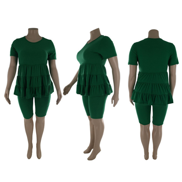 Large size women's small pleated solid color casual sports suit S6286