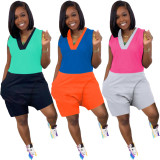 Stitching contrast color jumpsuit with pockets PQ8645