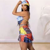 Printed sexy bellyband strappy skirt two-piece suit MN1079