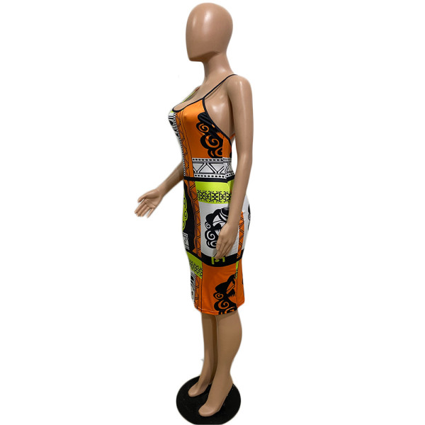 Sling long skirt head pattern print temperament street dress GT9919