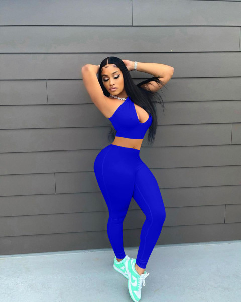 Solid color sleeveless one-shoulder hip lift two-piece European and American fashion YZL848