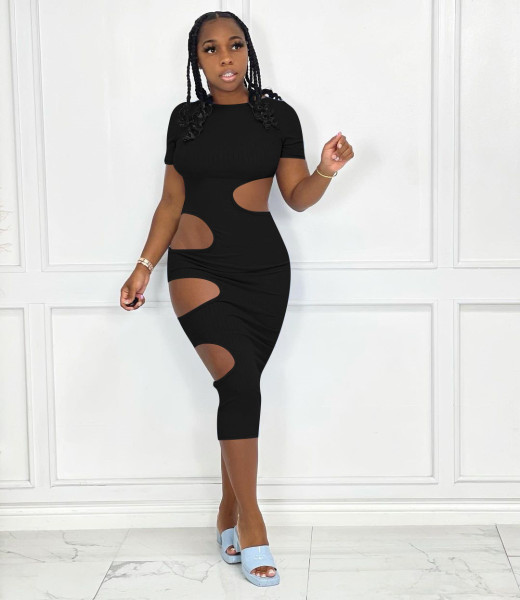 Irregular tight sexy hollow open back solid color dress MN88803