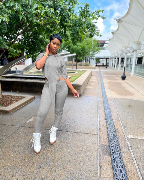 Casual solid color personalized blouse hooded trousers tight-fitting sexy two-piece suit MN88802