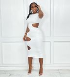 Irregular tight sexy hollow open back solid color dress MN88803