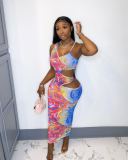 Fashion fake two-piece hollow one-shoulder strap slim digital printing dress CM2144