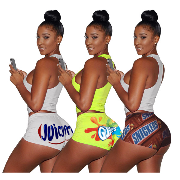 Street style printed tank top shorts sports suit two pieces H1646