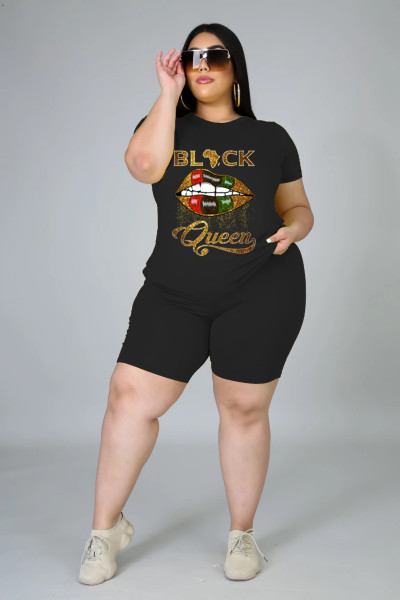 Large size women's lips blackqueen positioning printing casual sports suit two-piece suit DM090
