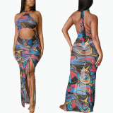 Summer net yarn perspective color matching abstract graffiti print long skirt FFZ1111