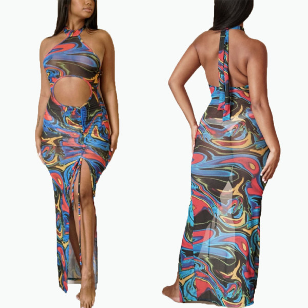 Summer net yarn perspective color matching abstract graffiti print long skirt FFZ1111