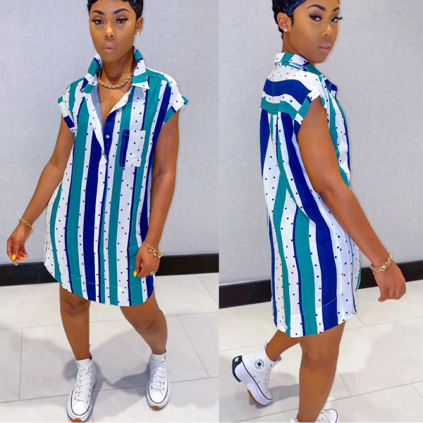 Large size striped polka dot print short sleeve casual shirt short dress L0347