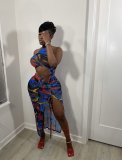 Summer net yarn perspective color matching abstract graffiti print long skirt FFZ1111