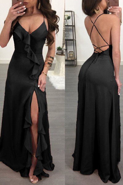 Solid color sexy open back long dress with wooden ears L0172
