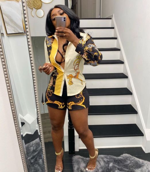 Positioning printed cardigan single-breasted long-sleeved shirt + shorts set QY5059