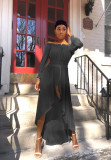 Lace-up chiffon one-line collar waist irregular large skirt dress QY0345