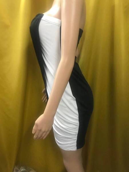 Contrasting color stitching dress summer word wrapped chest sexy wave pleated dress women F142