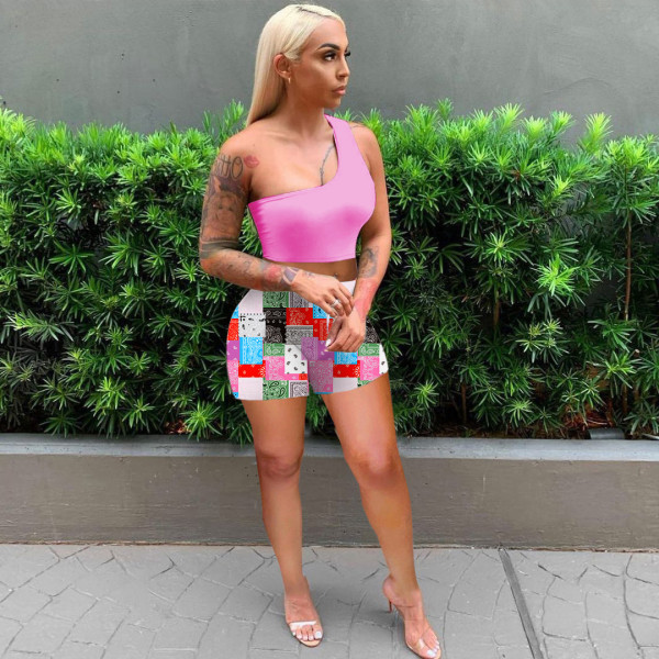 Patchwork printed shorts + solid color one-shoulder T-shirt casual suit F141