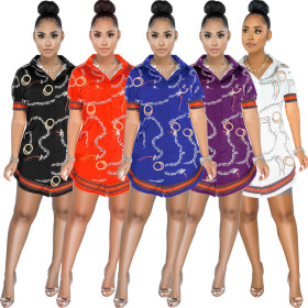 Sexy slim waist printed short-sleeved shirt spring and summer short dress L0341