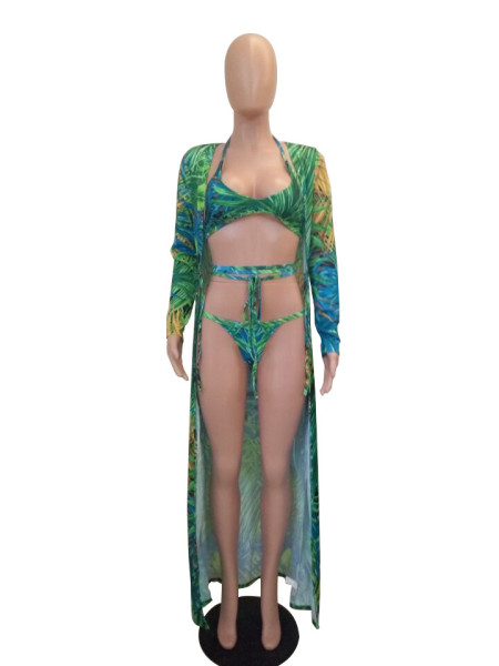 Three-piece swimsuit with summer print beach shawl L0103
