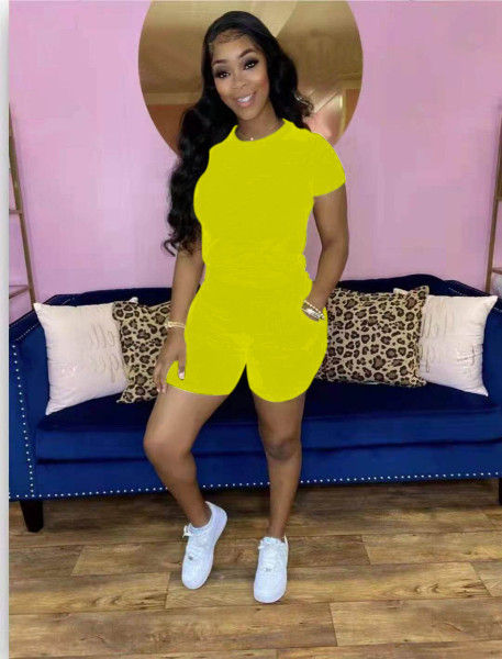 Fashion casual two-piece suit of solid color sexy T-shirt shorts QY5069