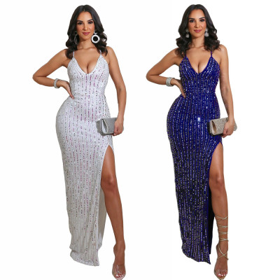 Sexy halter strap split sequin nightclub party dress L0333
