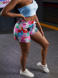 Patchwork printed shorts + solid color one-shoulder T-shirt casual suit F141