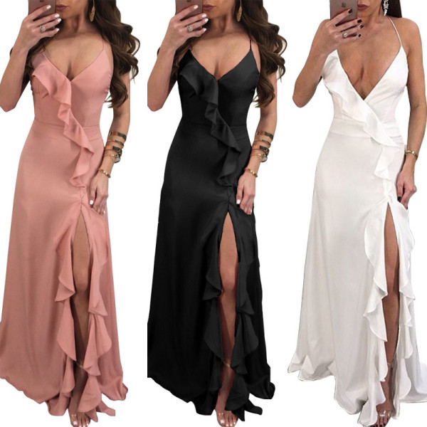 Solid color sexy open back long dress with wooden ears L0172