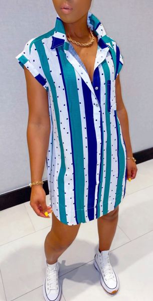 Large size striped polka dot print short sleeve casual shirt short dress L0347