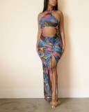 Summer net yarn perspective color matching abstract graffiti print long skirt FFZ1111