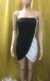 Contrasting color stitching dress summer word wrapped chest sexy wave pleated dress women F142