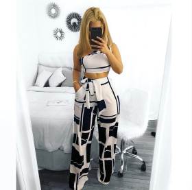 Women sexy sloping shoulder wide leg pants two-piece L0178