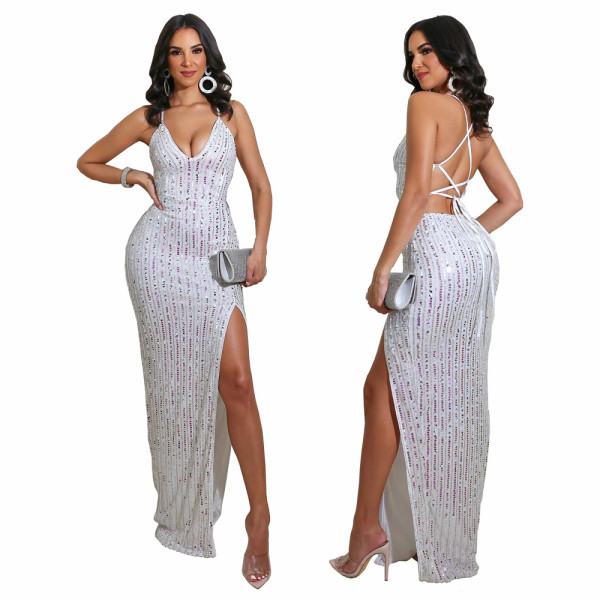 Sexy halter strap split sequin nightclub party dress L0333