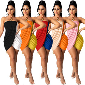 Contrasting color stitching dress summer word wrapped chest sexy wave pleated dress women F142
