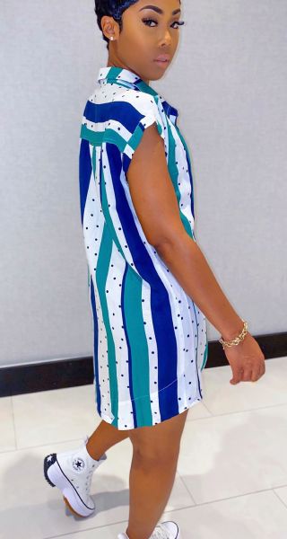 Large size striped polka dot print short sleeve casual shirt short dress L0347