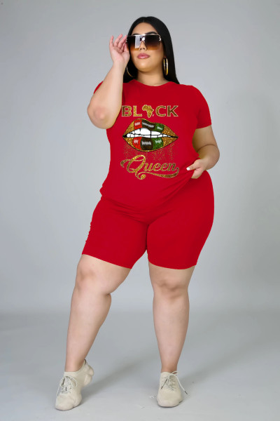 Large size women's lips blackqueen positioning printing casual sports suit two-piece suit DM090