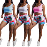 Patchwork printed shorts + solid color one-shoulder T-shirt casual suit F141