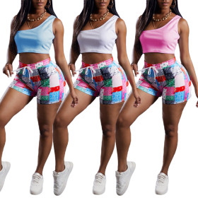 Patchwork printed shorts + solid color one-shoulder T-shirt casual suit F141