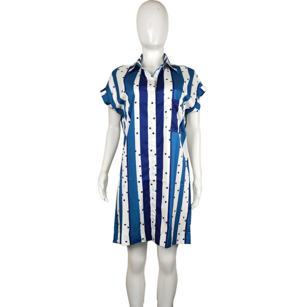 Large size striped polka dot print short sleeve casual shirt short dress L0347